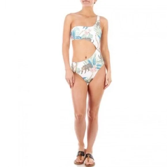 Blu C Tropical Leopard One Shoulder Cutout Monokini Swimsuit BUJR19117 Sz Large - Picture 2 of 10